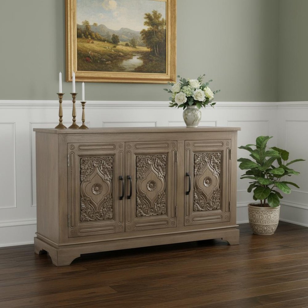59" Brown Distressed Solid Wood Carved Scrollwork Sideboard With Three Doors