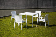Set of Two White Faux Rattan Heavy Duty Plastic Outdoor Stacking Arm Chairs