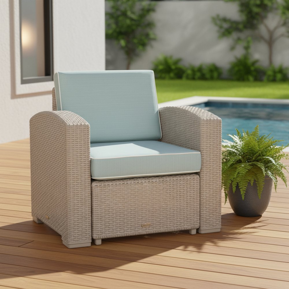 33" Gray Heavy Duty Plastic Outdoor Club Chair With Blue Cushion