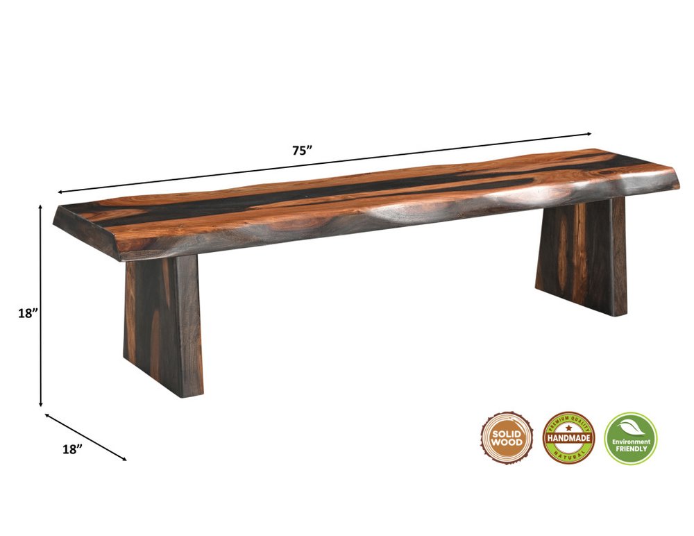 75" Brown Solid Wood Live Edge Dining Bench
