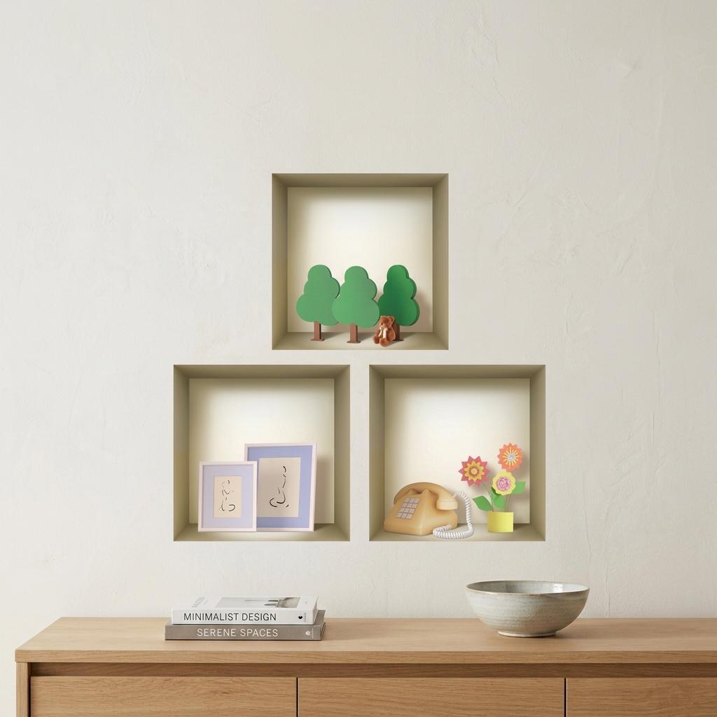 Set of Three Ash Faux Niche 3D Square Peel and Stick Wall Decals