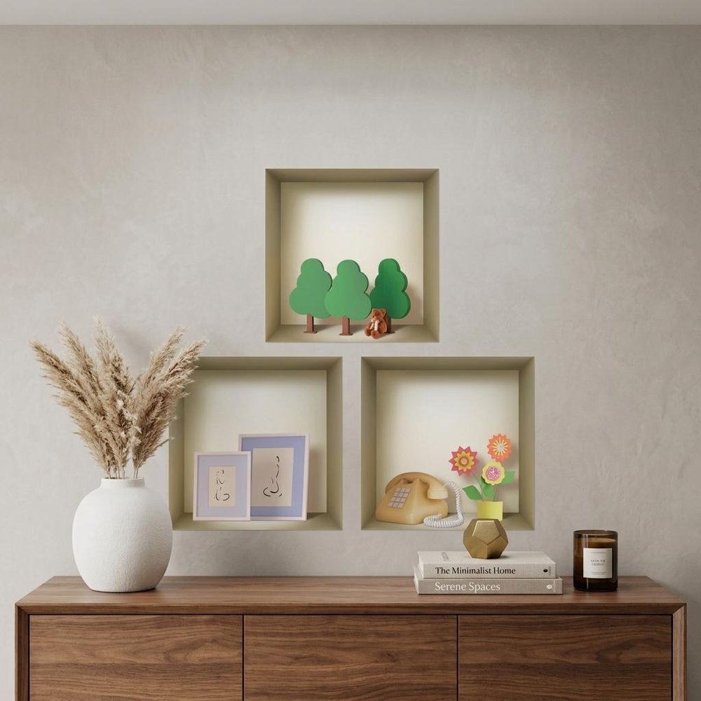 Set of Three Ash Faux Niche 3D Square Peel and Stick Wall Decals