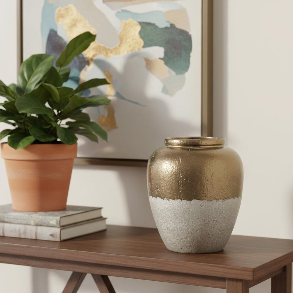 16" Antiqued Bronze And Light Gray Color Block Ceramic Round Jug Vase