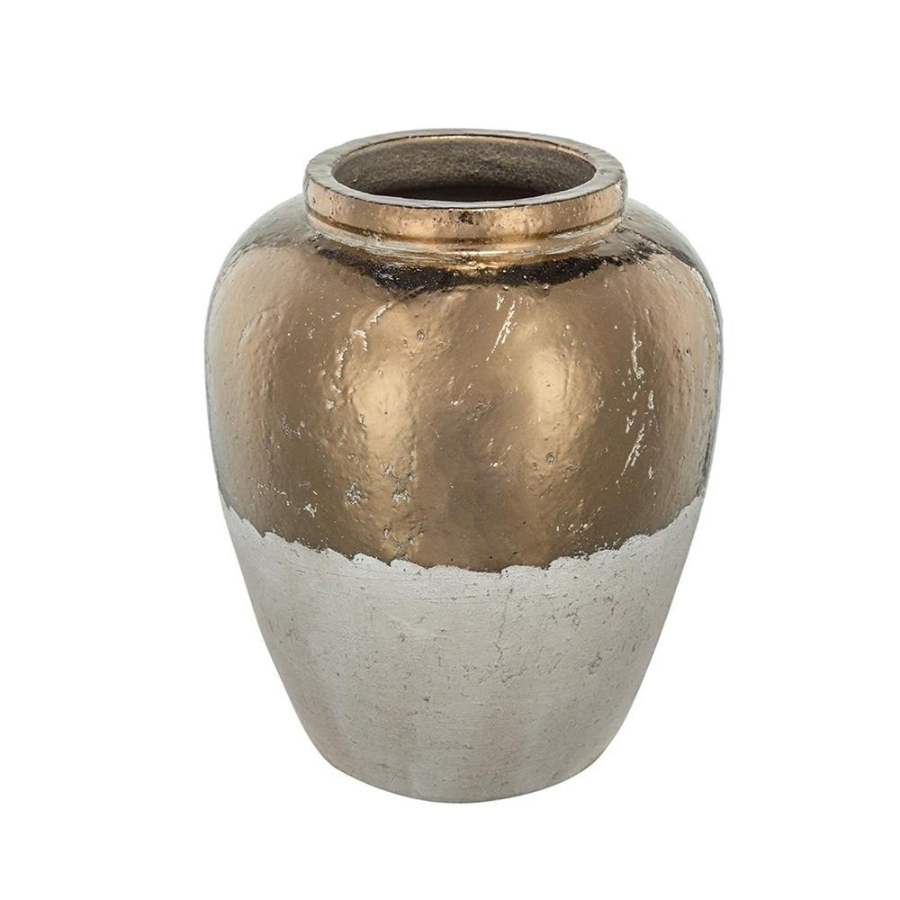 16" Antiqued Bronze And Light Gray Color Block Ceramic Round Jug Vase