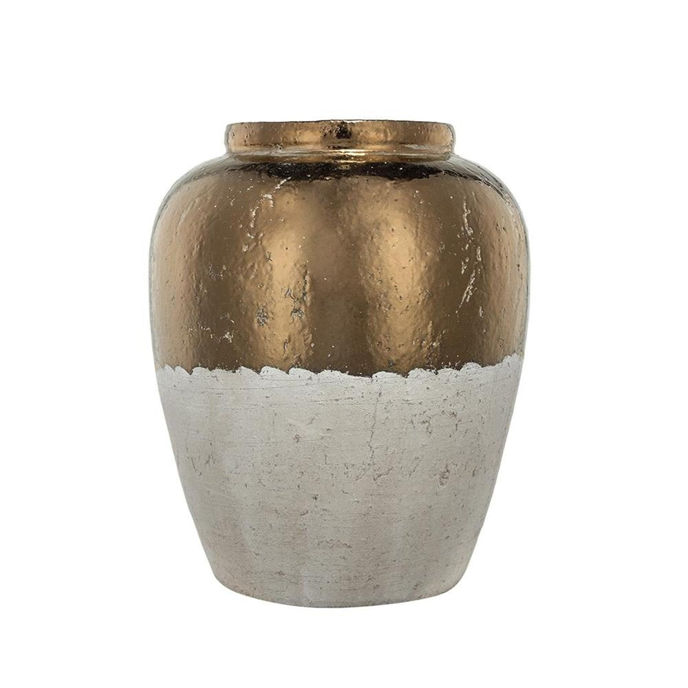 16" Antiqued Bronze And Light Gray Color Block Ceramic Round Jug Vase