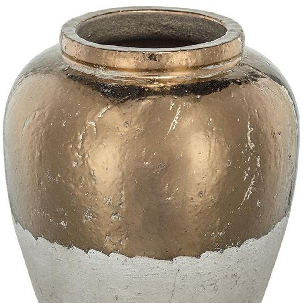 16" Antiqued Bronze And Light Gray Color Block Ceramic Round Jug Vase