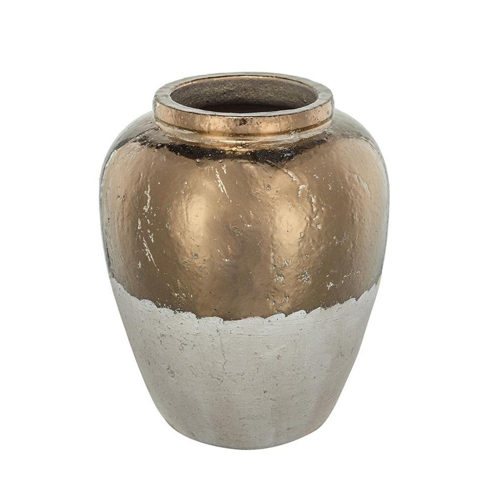 16" Antiqued Bronze And Light Gray Color Block Ceramic Round Jug Vase