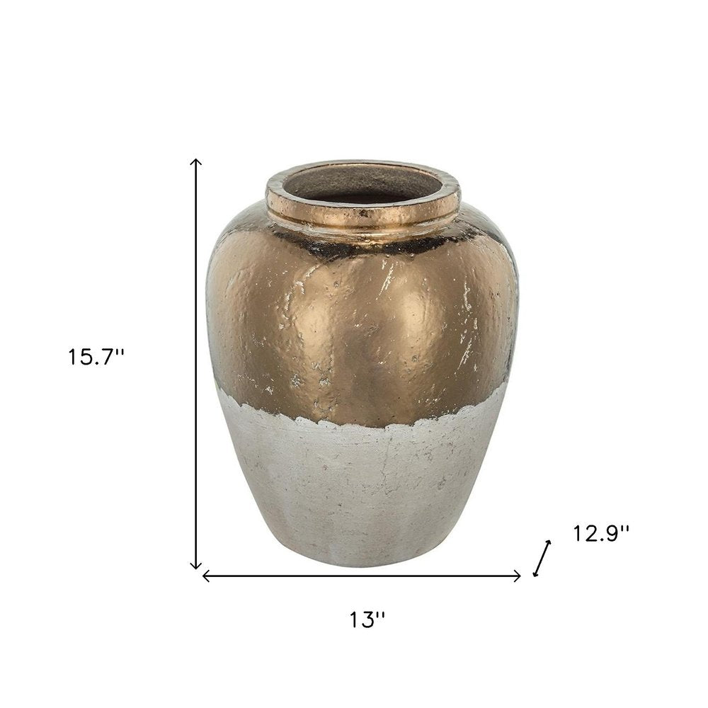 16" Antiqued Bronze And Light Gray Color Block Ceramic Round Jug Vase