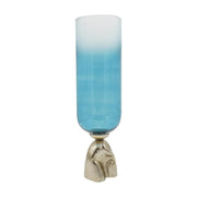21" Blue White And Gold Ombre Glass And Aluminum Pedestal Table Vase