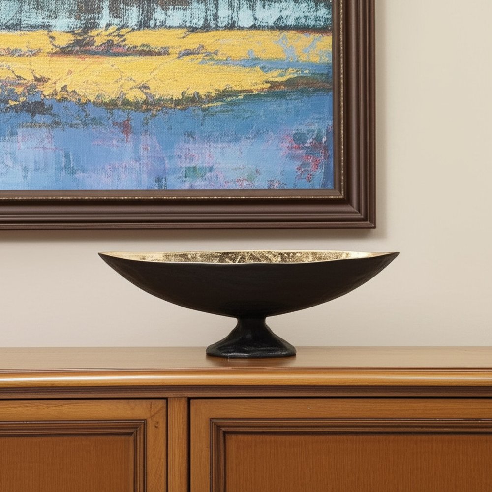 14" Black And Gold Aluminum Oval Pedestal Centerpiece Bowl