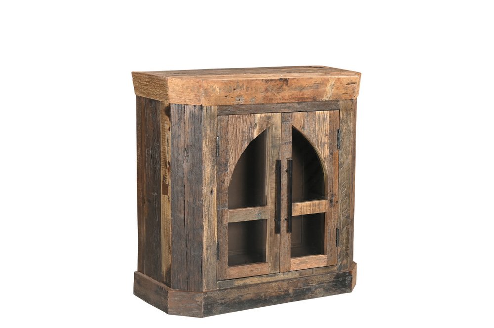 35" Brown Distressed Reclaimed Wood Sideboard With Two Glass Doors