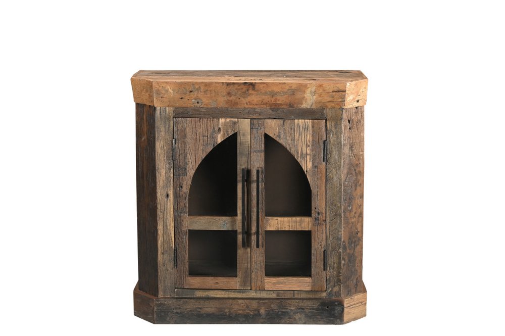 35" Brown Distressed Reclaimed Wood Sideboard With Two Glass Doors