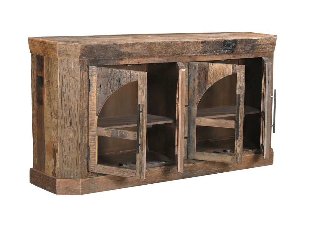 72" Brown Distressed Reclaimed Wood Sideboard With Four Glass Doors