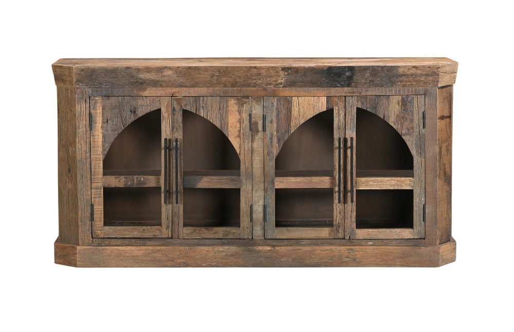 72" Brown Distressed Reclaimed Wood Sideboard With Four Glass Doors