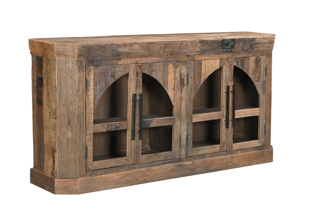 72" Brown Distressed Reclaimed Wood Sideboard With Four Glass Doors