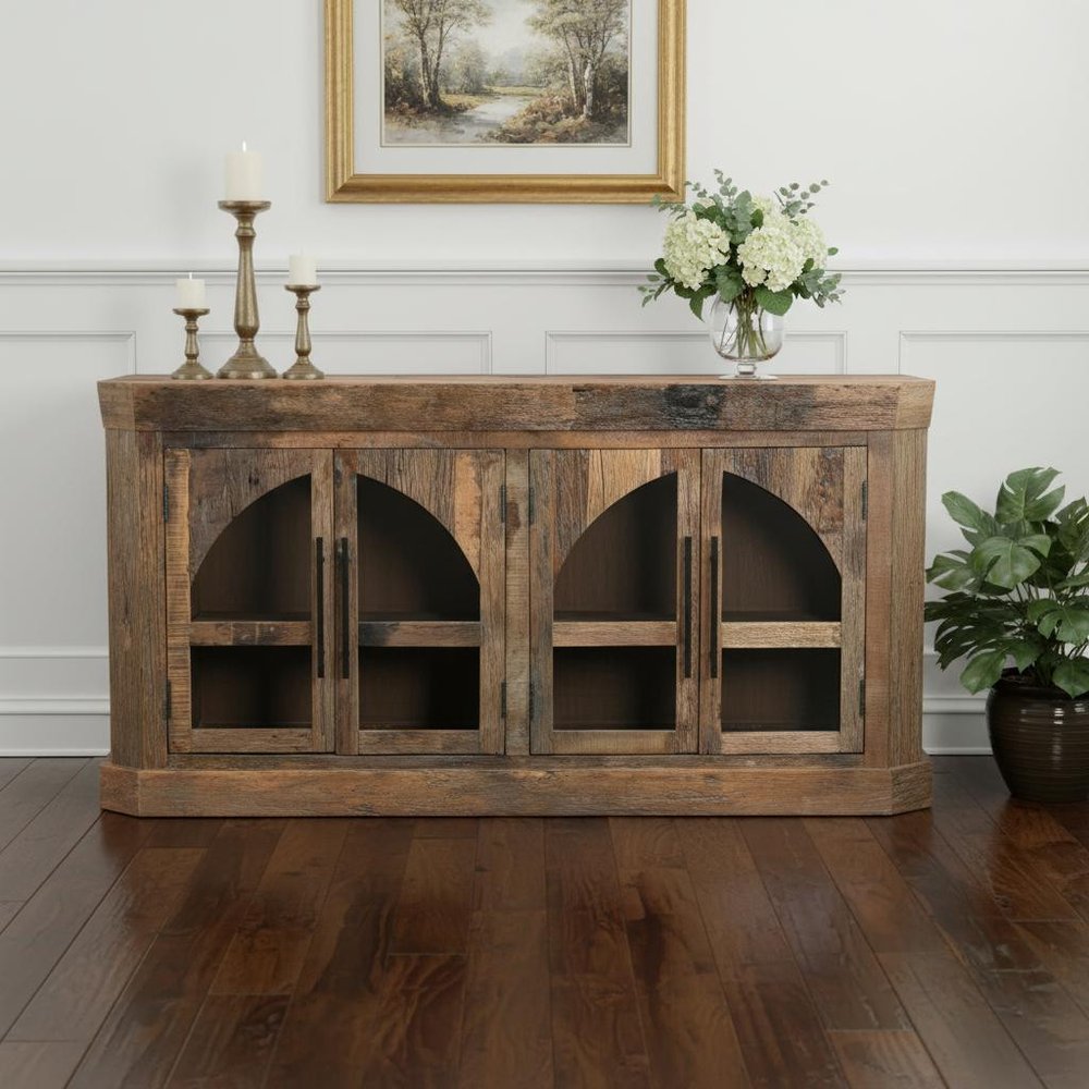 72" Brown Distressed Reclaimed Wood Sideboard With Four Glass Doors
