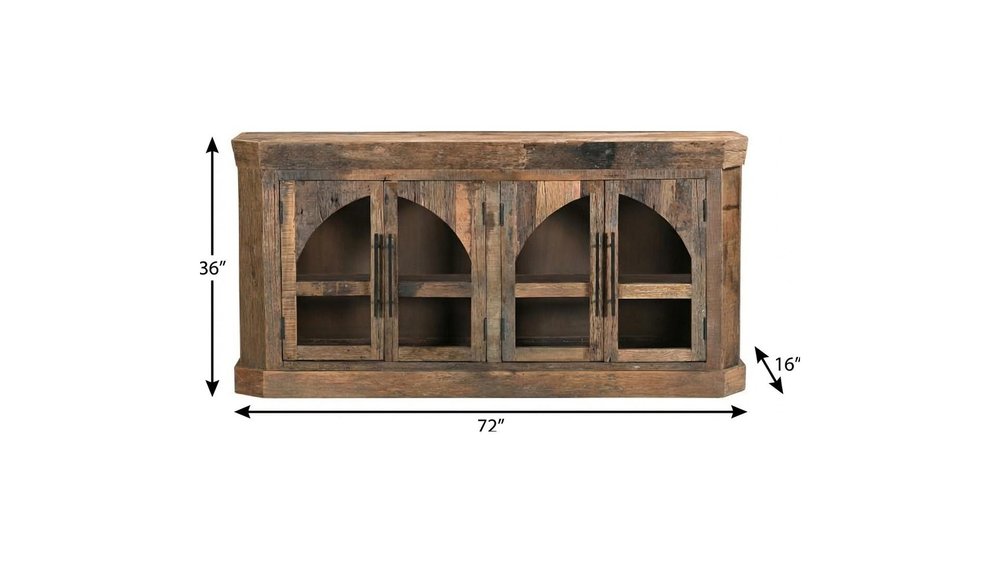 72" Brown Distressed Reclaimed Wood Sideboard With Four Glass Doors