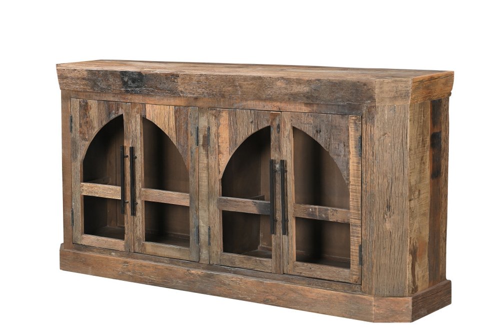 72" Brown Distressed Reclaimed Wood Sideboard With Four Glass Doors
