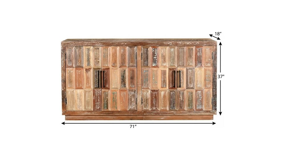 71" Brown Distressed Reclaimed Wood Carved Geometric Sideboard With Four Doors