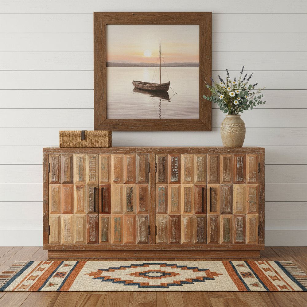 71" Brown Distressed Reclaimed Wood Carved Geometric Sideboard With Four Doors
