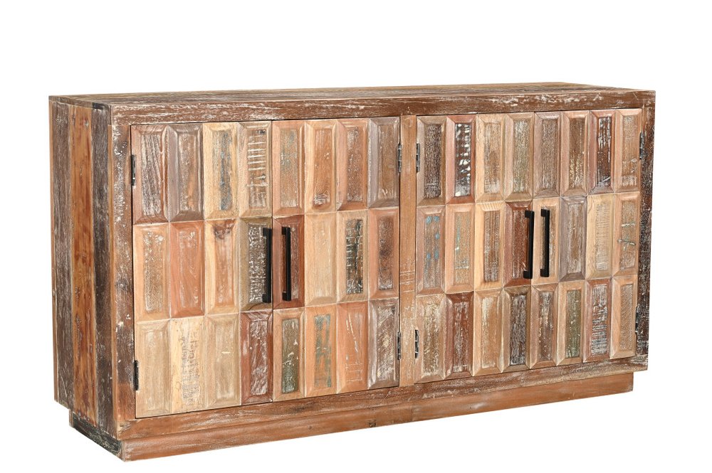 71" Brown Distressed Reclaimed Wood Carved Geometric Sideboard With Four Doors