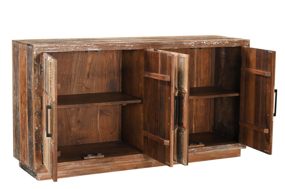 71" Brown Distressed Reclaimed Wood Carved Geometric Sideboard With Four Doors
