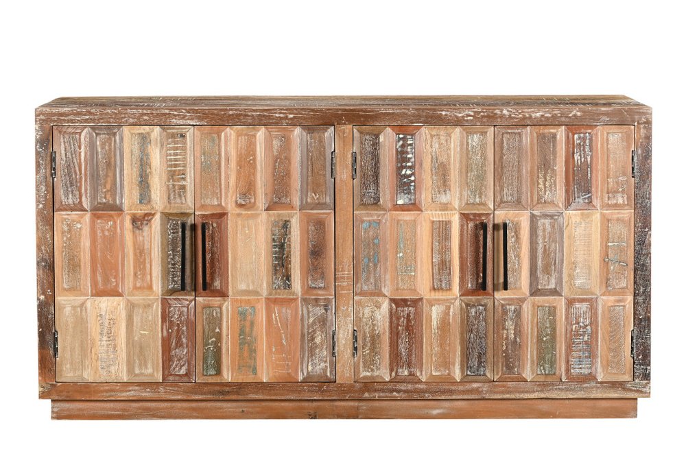 71" Brown Distressed Reclaimed Wood Carved Geometric Sideboard With Four Doors