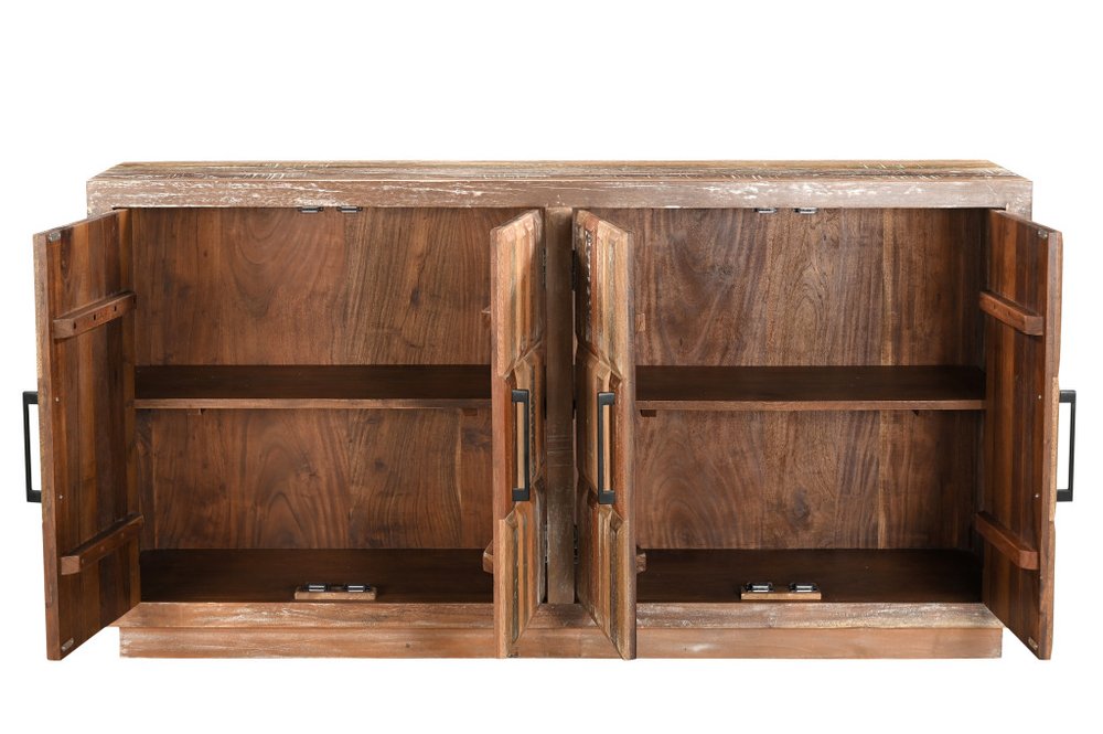 71" Brown Distressed Reclaimed Wood Carved Geometric Sideboard With Four Doors