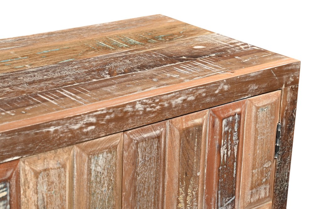 71" Brown Distressed Reclaimed Wood Carved Geometric Sideboard With Four Doors