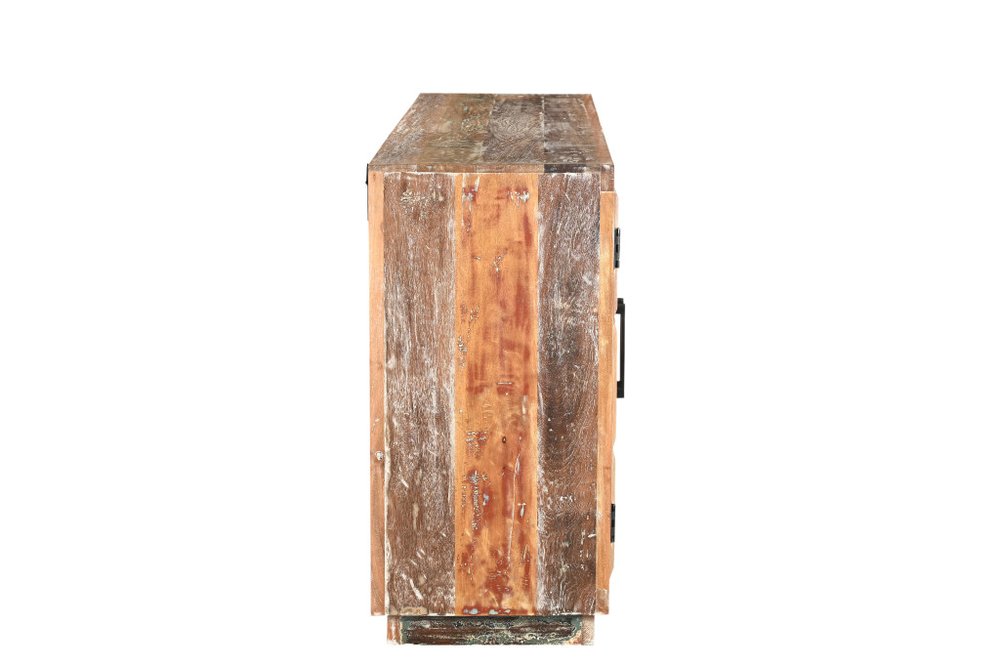 71" Brown Distressed Reclaimed Wood Carved Geometric Sideboard With Four Doors