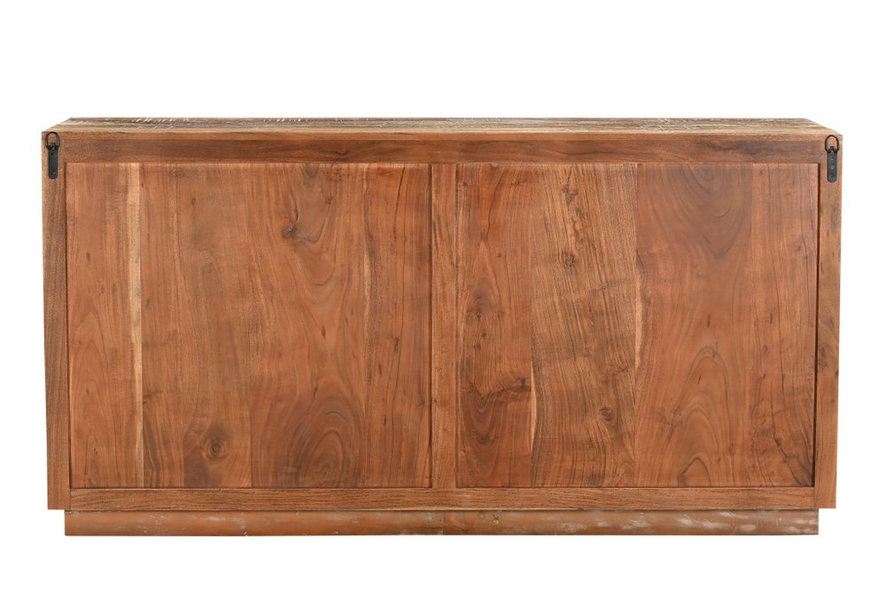71" Brown Distressed Reclaimed Wood Carved Geometric Sideboard With Four Doors