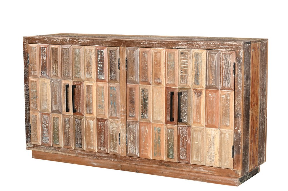71" Brown Distressed Reclaimed Wood Carved Geometric Sideboard With Four Doors