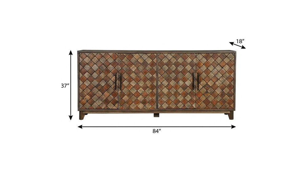84" Brown Distressed Solid Wood Carved Geometric Sideboard With Four Doors