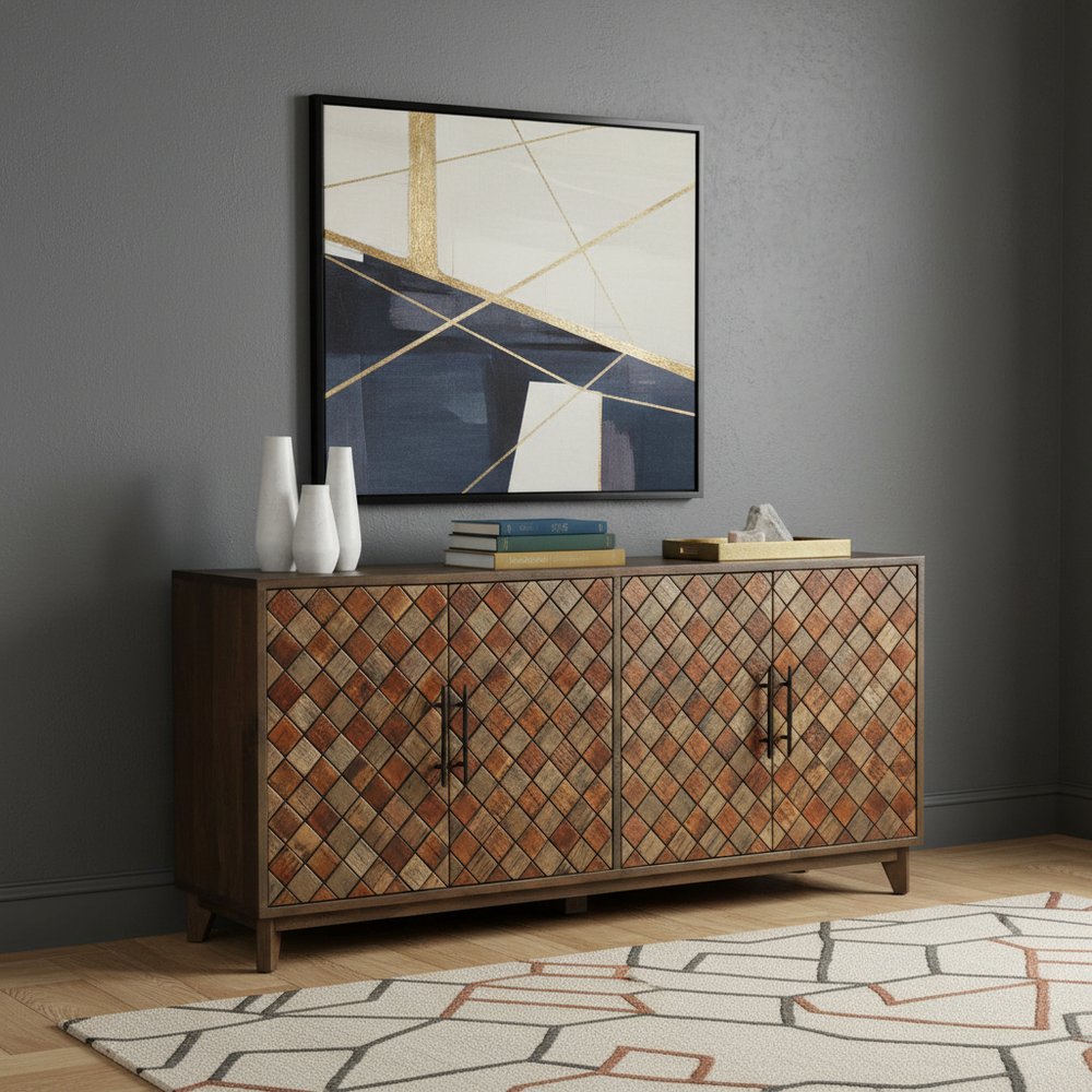 84" Brown Distressed Solid Wood Carved Geometric Sideboard With Four Doors