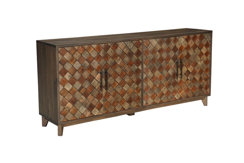 84" Brown Distressed Solid Wood Carved Geometric Sideboard With Four Doors