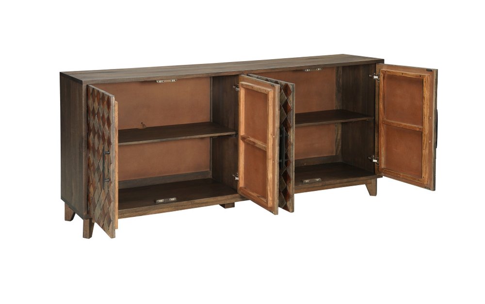 84" Brown Distressed Solid Wood Carved Geometric Sideboard With Four Doors