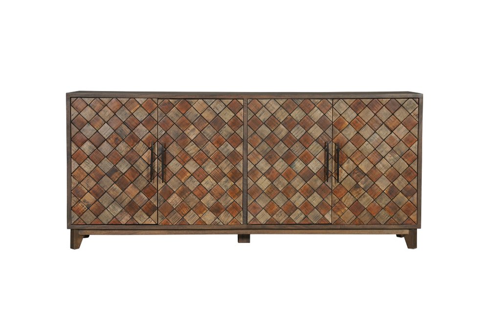 84" Brown Distressed Solid Wood Carved Geometric Sideboard With Four Doors