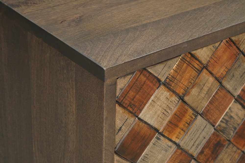 84" Brown Distressed Solid Wood Carved Geometric Sideboard With Four Doors