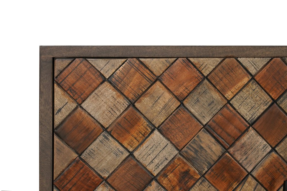 84" Brown Distressed Solid Wood Carved Geometric Sideboard With Four Doors