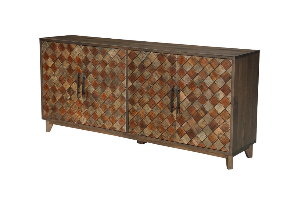 84" Brown Distressed Solid Wood Carved Geometric Sideboard With Four Doors