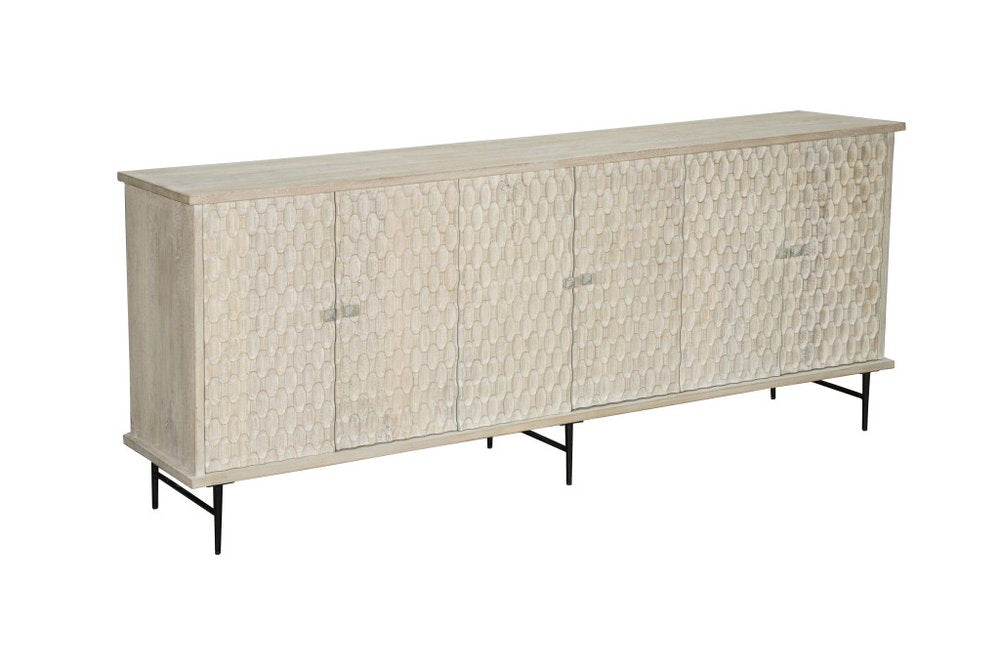 90" White Distressed Solid Wood Carved Scrollwork Sideboard with Six Doors