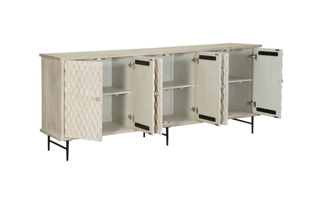 90" White Distressed Solid Wood Carved Scrollwork Sideboard with Six Doors