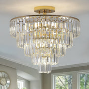 Gold Ten Light Metal Semi-Flush Chandelier With Gold Shades