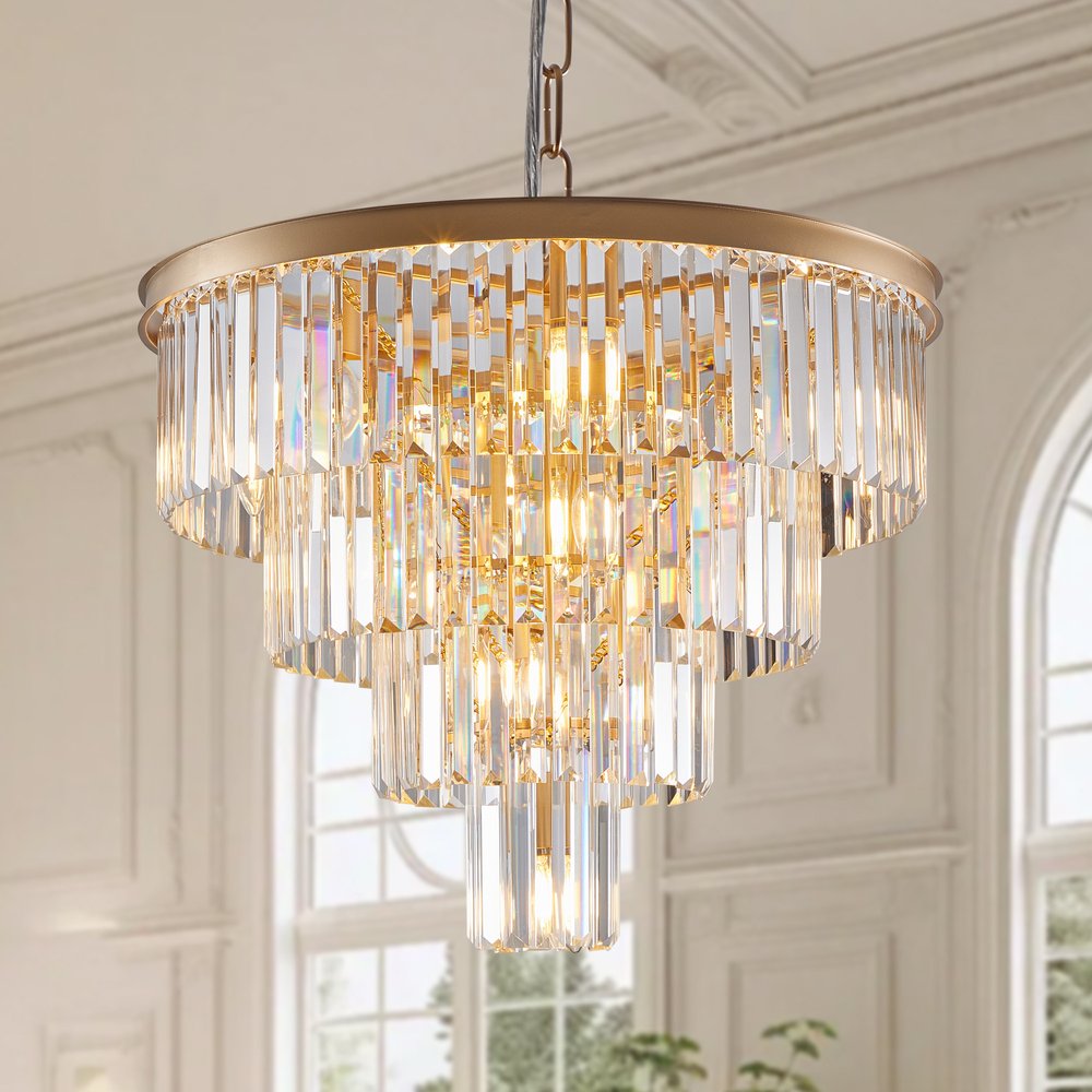 Gold Twelve Light Metal Chandelier With Gold Shades