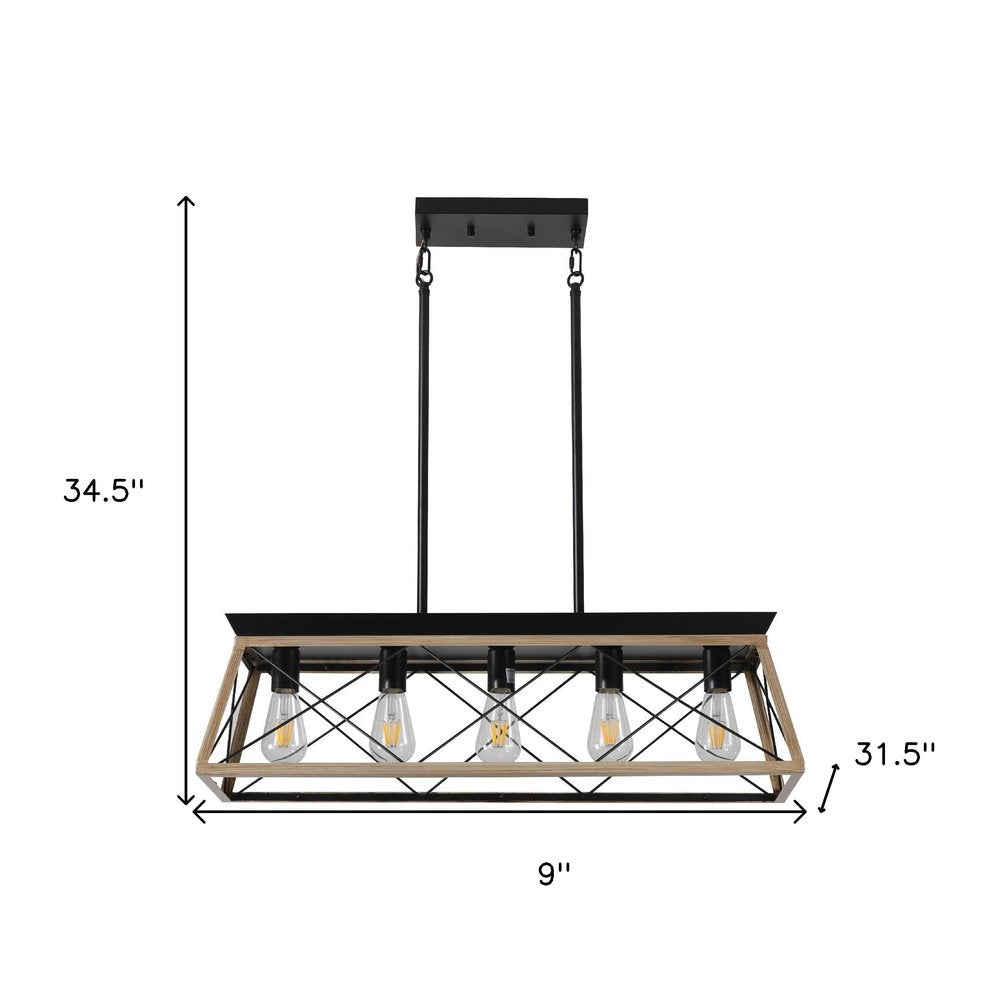 Oak Five Light Metal Chandelier With Oak Shades