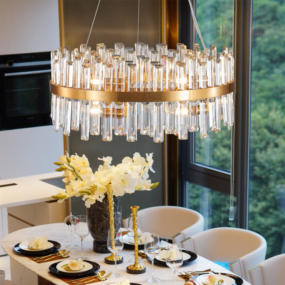 Gold Twelve Light Metal Chandelier With Gold Shades