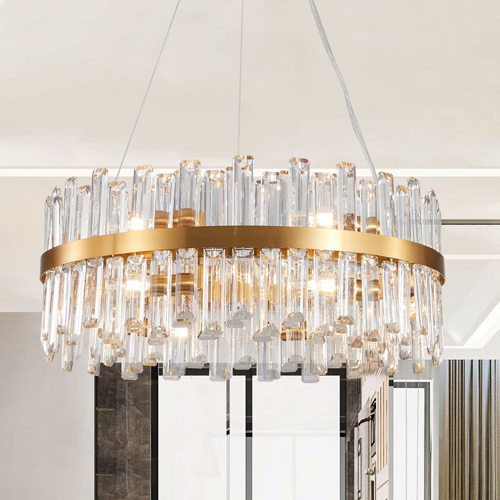 Gold Twelve Light Metal Chandelier With Gold Shades