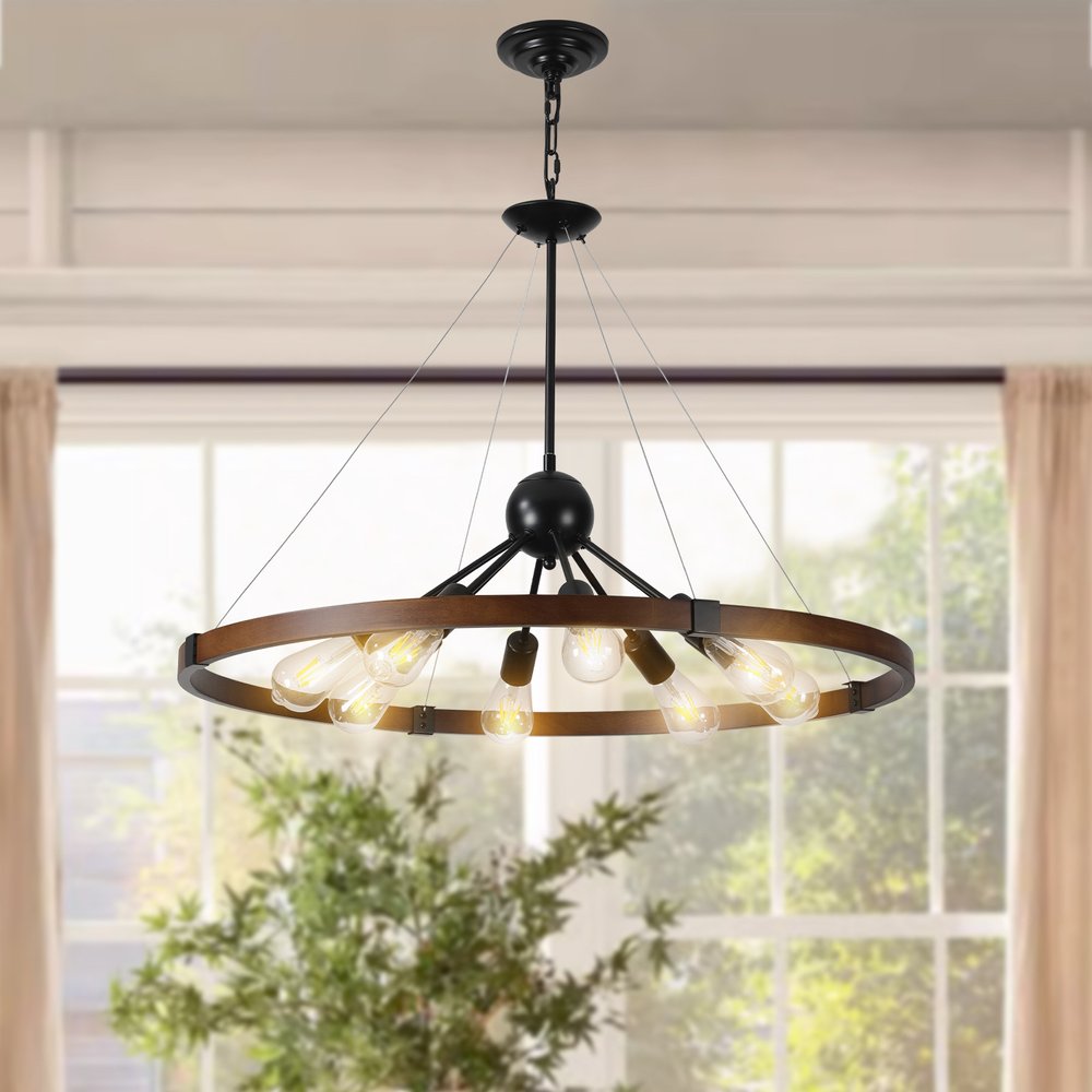 Brown Eight Light Metal Chandelier With Brown Shades