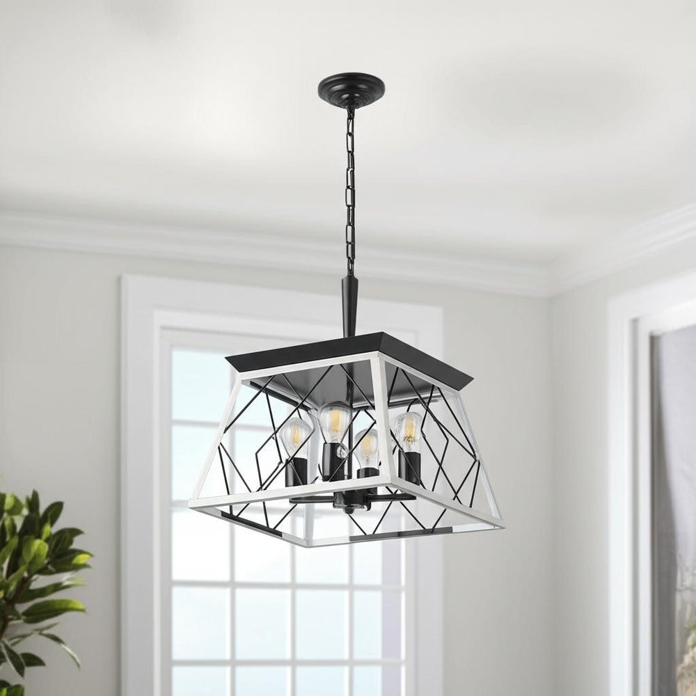 White Four Light Metal Chandelier With White Shades