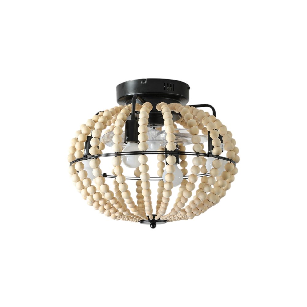 Natural Wood Bead Four Light Semi-Flush Mount Ceiling Fan And Light